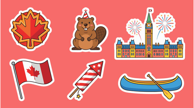 Colorful vector illustration set featuring iconic canadian symbols like a beaver a maple leaf a canoe and parliament hill buildings
