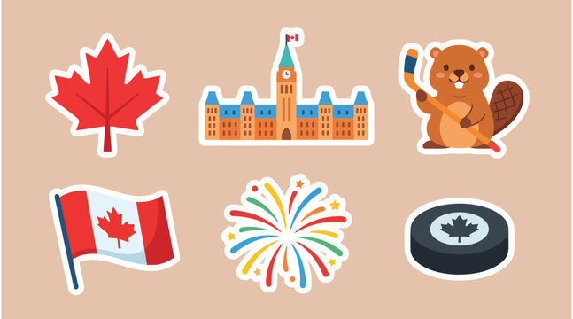 Vibrant canada themed vector graphic sticker set featuring a maple leaf parliament building hockey beaver flag fireworks and puck icons