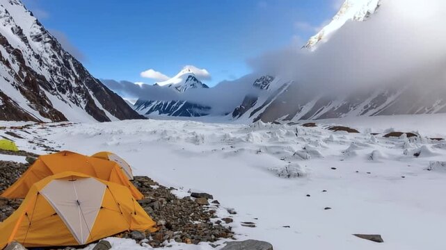 K2 mountain peak, second highest mountain in the world, K2 trek, Pakistan, Asia. Time lapse. Tent.