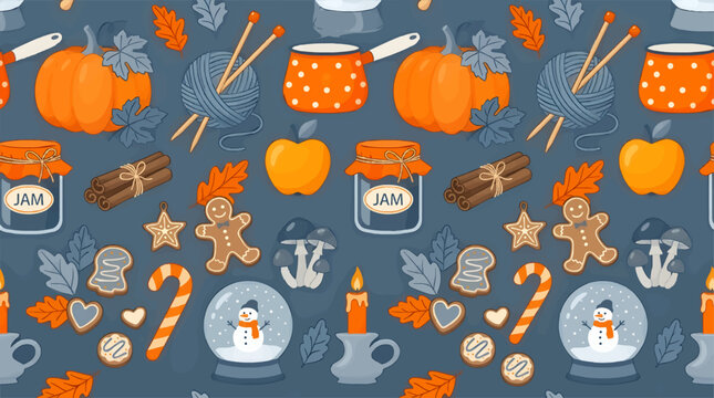 Cozy Autumn and Winter Seasonal Flat Vector Seamless Pattern with Pumpkins, Snow Globes, Jam Jars, Gingerbread Cookies, and Cozy Objects