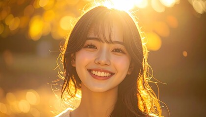 Fototapeta premium A radiant woman smiles directly at the viewer, bathed in golden sunlight