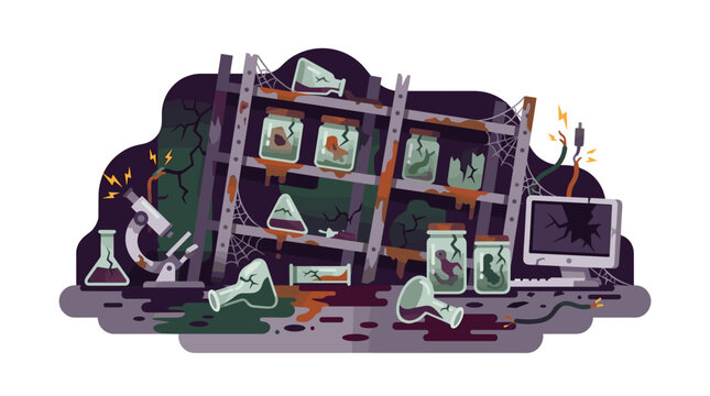 Spooky Science Lab Shelf with Jars and Microscope.
