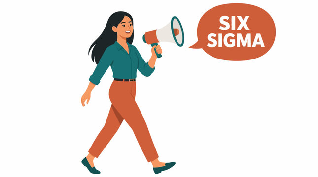 Woman holding megaphone with six sigma text.