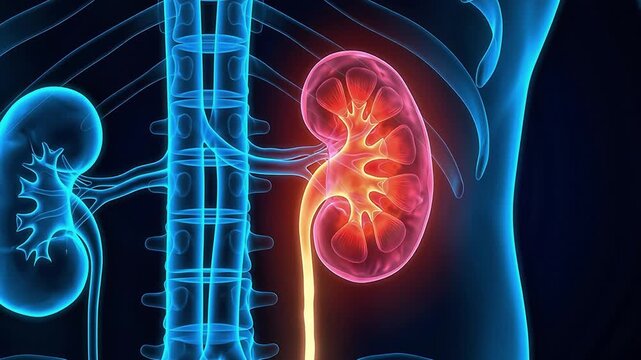 3D Medical Animation of Human Kidney Anatomy with Highlighted Internal Structure, Ureter, Spine and Transparent X-Ray Body Effect on Dark Background