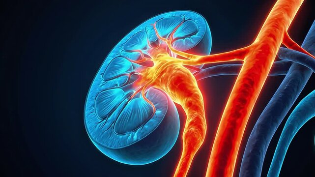 3D Medical Animation of Human Kidney Cross Section Anatomy with Renal Artery, Aorta, Blood Vessels and Glowing Effect on Dark Blue Background