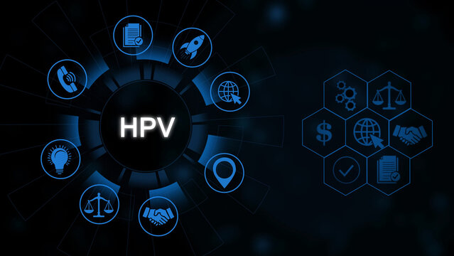 Medical of hpv awareness: virus structure, prevention methods, vaccine, and treatment symbols on dark background