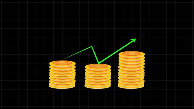 Animated coin stacks growing on black grid background with green upward arrow indicating financial success profit investment growth business progress and economic prosperity.