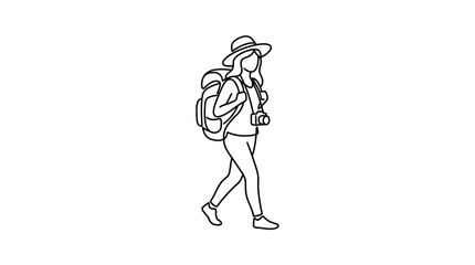 Obraz premium Woman backpacker with camera walking, travel adventure, line art illustration