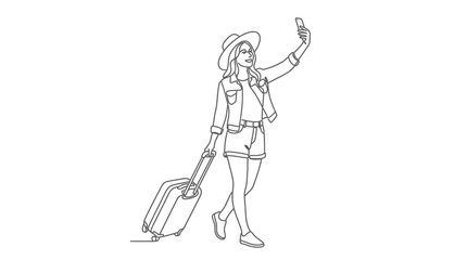 Obraz premium Woman taking selfie with phone and luggage, travel selfie, vacation photo