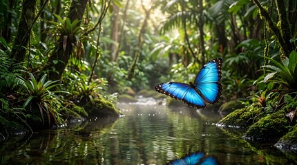 Fototapeta premium Blue Morpho butterfly flying over a peaceful stream in a lush tropical rainforest with sunbeams
