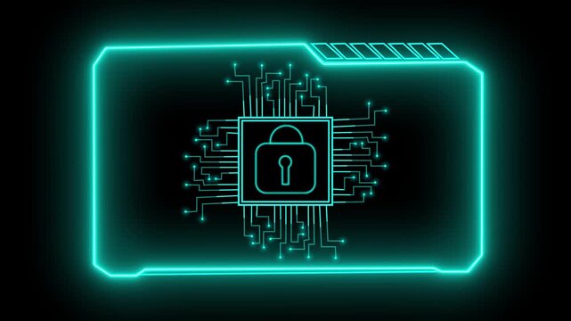 Digital padlock icon symbolizing cybersecurity and data protection within a computer chip and circuit board on black background with neon light effect.