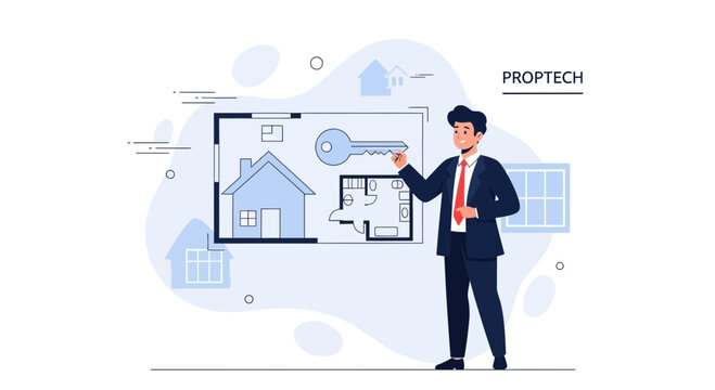 Real estate professional presents modern proptech concept with house blueprint, key and digital interface elements