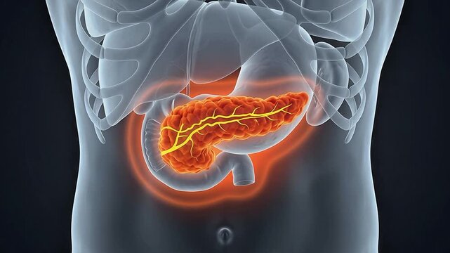 3D Medical Animation of Human Pancreas Anatomy with Digestive System, Duodenum and Transparent X-Ray Body Effect on Dark Background