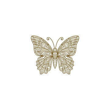 An elegant line art illustration of a butterfly featuring intricate mandala patterns and a royal crown, isolated on a white background.