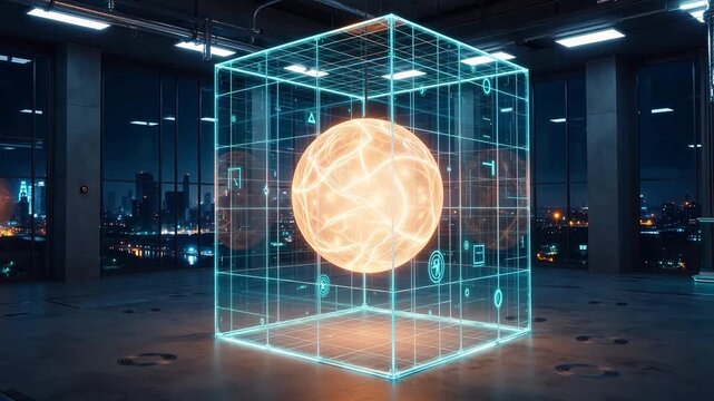 Futuristic cube with glowing sphere