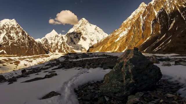 K2 mountain peak, second highest mountain in the world, K2 trek, Pakistan, Asia. Time lapse.