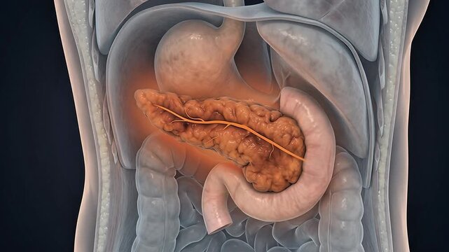 3D medical animation of inflamed pancreas with pancreatitis inside transparent human abdominal cavity showing stomach duodenum and intestines