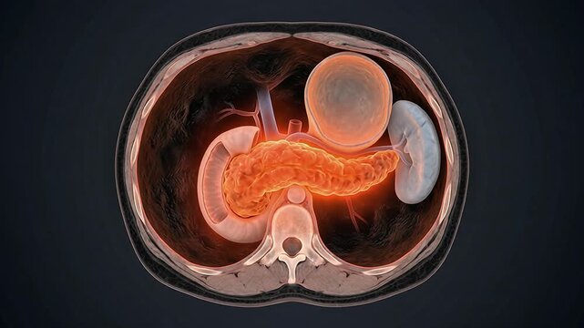 3D medical animation of axial CT scan cross section of inflamed pancreas with kidneys and spine showing pancreatitis in abdominal cavity