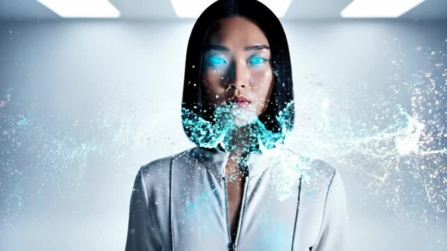 A woman in a white jacket with futuristic circuit board designs overlayed on her body