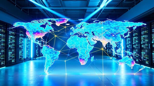 Digital world map in server room