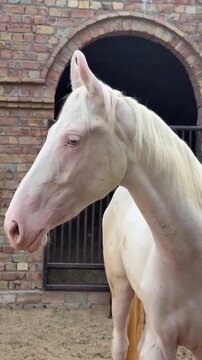Majestic white akhal teke horse with striking blue eyes stands gracefully in a rustic stable setting while captured in this smooth motion video clip highlighting its unique pale coat and elegant postu