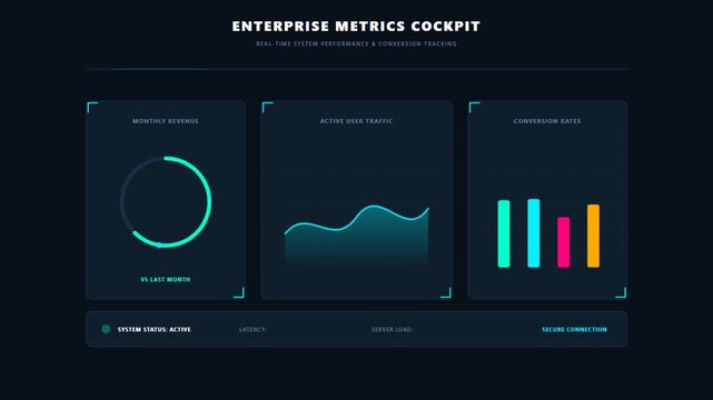 Futuristic business analytics interface featuring dynamic charts for revenue and traffic data with a dark neon aesthetic for high-tech enterprise monitoring systems.