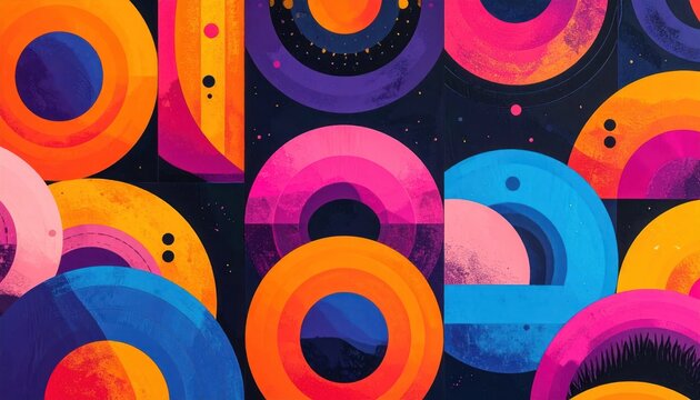 Abstract geometric pattern with colorful circles and semicircles.