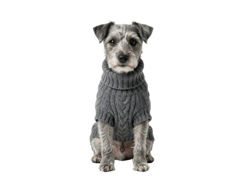 A cute gray dog wearing a knitted sweater sits on white background