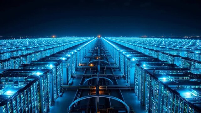 Rows of illuminated server racks in a data center