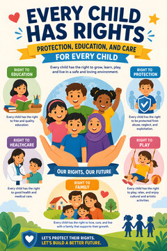 Simple and colorful awareness poster illustrating the fundamental rights of every child, including the right to education, protection, healthcare, play, and family. Flat vector illustration style suit