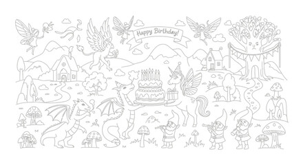 Obraz premium Whimsical Birthday Landscape: Unicorn, Dragon, Fairies, Gnomes, Castle, and Cake