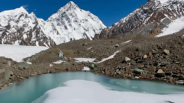 K2 mountain peak, second highest mountain in the world, K2 trek, Pakistan, Asia. Aerial view.