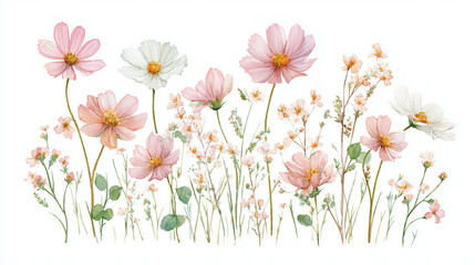 Obraz premium Watercolor painting of delicate pink and white cosmos flowers meadow.