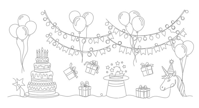 Happy Birthday Celebration Elements: Cake, Unicorn, Balloons, Gifts, Magic Hat, Garland