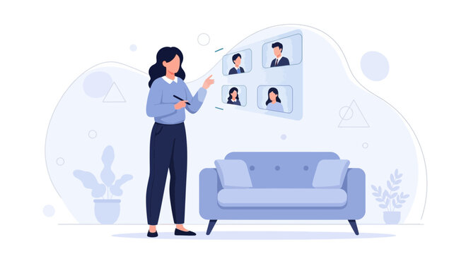 Woman conducting a video conference call with colleagues from home office, remote work and online meetings concept.