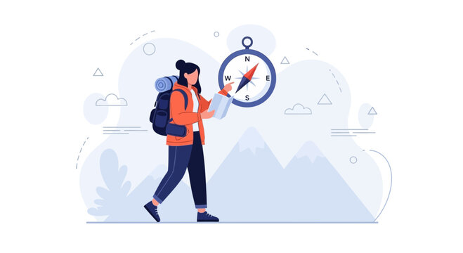 Woman hiker with backpack and compass, navigating with a map in a mountainous landscape, illustration style, concept of travel and adventure