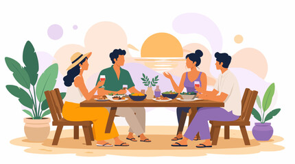 Fototapeta premium Summer Beach Party Tropical Island Vacation Family Gathering Enjoying Food and Drinks.