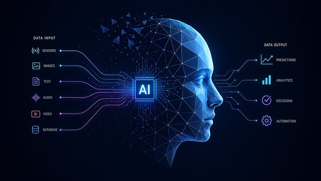 Artificial intelligence concept with digital human head and data processing