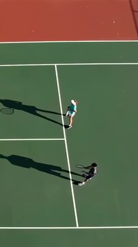 Vertical video: Blue player hitting across court dark rival returning on court closing with rackets