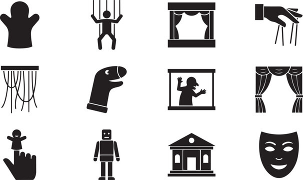 Theater, drama, stage icons, 12 black silhouette symbols, theater masks, curtains, puppets