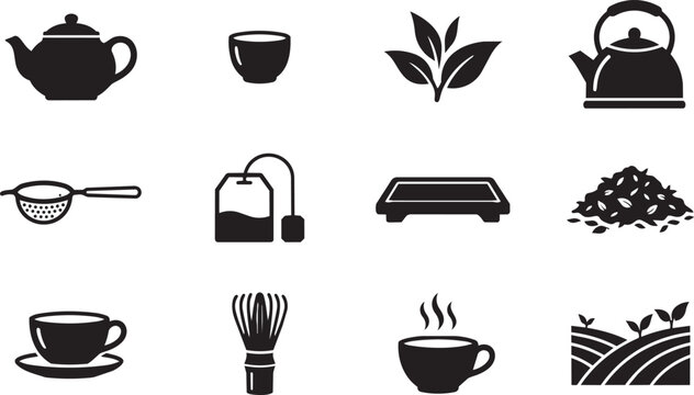 Black tea icons, tea time symbols, vector illustrations, 12 tea elements