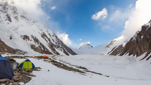 K2 mountain peak, second highest mountain in the world, K2 trek, Pakistan, Asia. Time lapse. Tent.