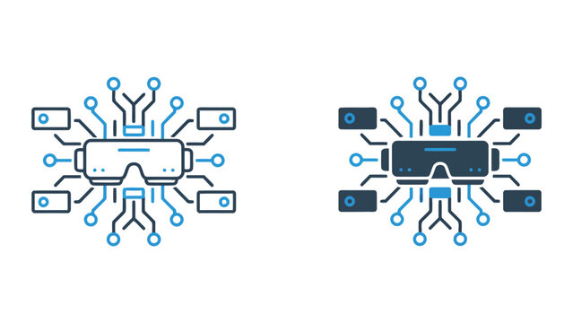 Virtual reality headset integrated with network circuit connections representing immersive digital environment infrastructure and advanced vr technology systems in flat vector graphic style