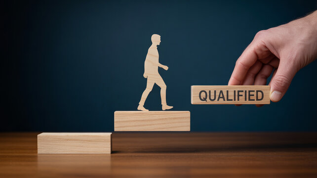Hand placing block with qualified text near wooden figure climbing stairs symbolizing career success with professional achievement advancement