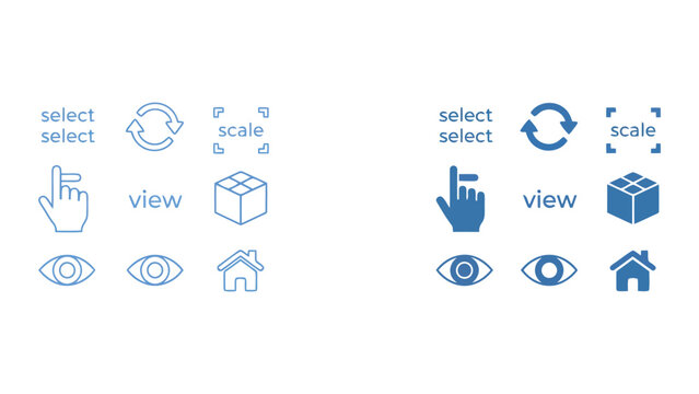 Interactive user interface control icons for selecting scaling and viewing objects in 3D modeling and digital design software platforms vector graphic set for tech applications