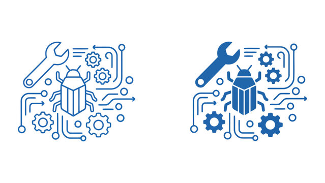 Software bug fixing tool icon with wrench and gears representing technical troubleshooting and system maintenance for development and debugging workflow visual communication materials