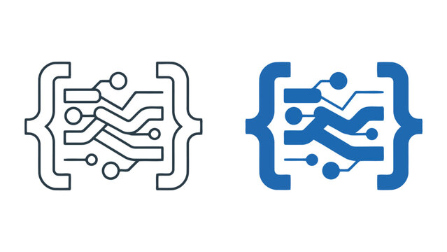 Code structure and neural network logic icon with circuit pathways and brackets in minimalist vector style for software engineering and machine learning algorithm development concepts
