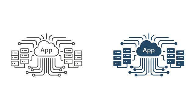 Cloud application server infrastructure network connection icon set in thin line and solid style for distributed computing and enterprise software architecture and digital systems management
