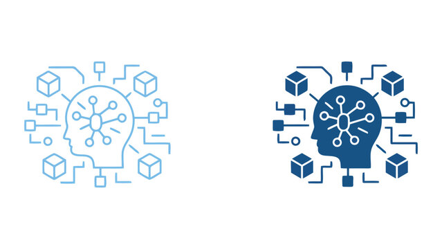 Artificial intelligence brain neural network concept vector icon set featuring human head profile connected to digital blocks and data nodes for modern technology software interface design elements