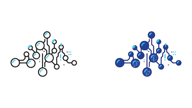 Complex digital network node connection vector icon set featuring interconnected spheres and circuit lines for high tech computing and data connectivity visualizations in professional graphic style
